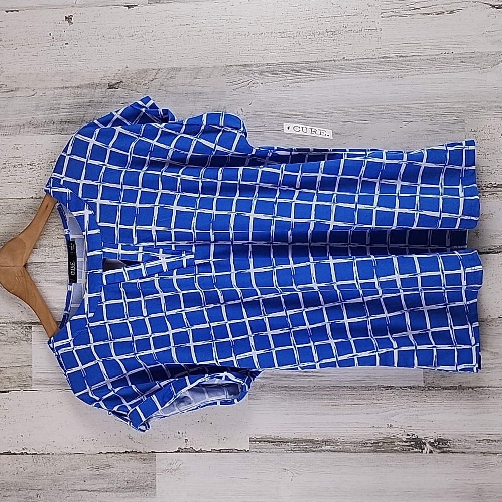 Cure bright blue white windowpane blouse split v cuffed sleeve Size Large NEW